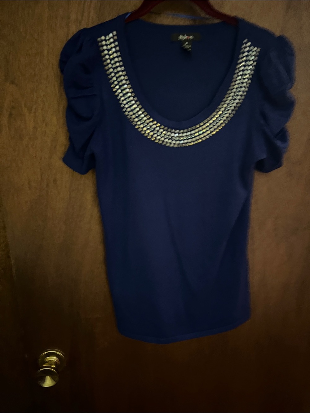 Beaded Scoop Neck Puff Sleeve Top - Navy by
Style and Company